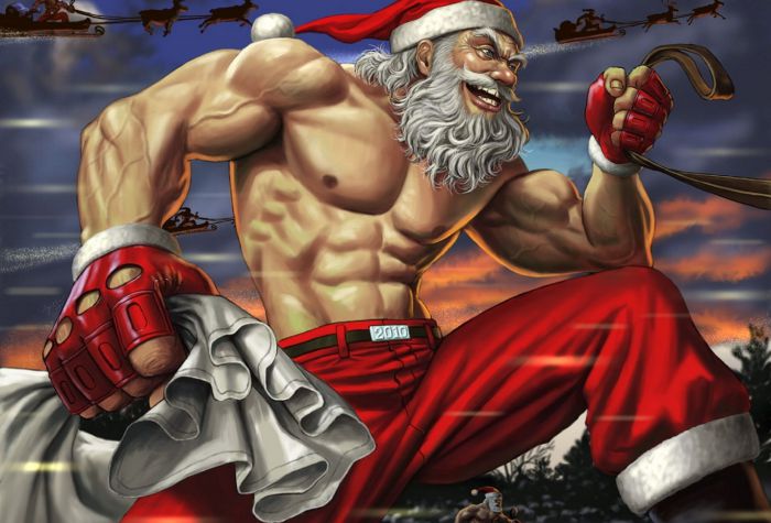 Картинка прикольный накачанный Дед Мороз с подарками