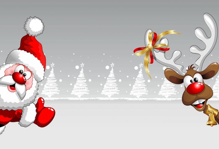 Картинка смешной Дед Мороз и веселый олень с бантиком