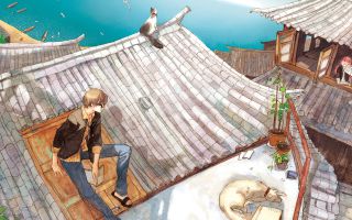 аниме парень сидит на крыше дома