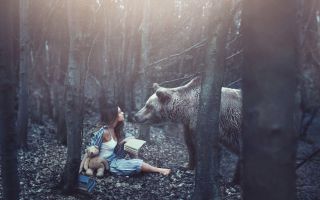 девушка встретила медведя в осеннем лесу