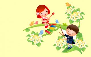весна, дети играют музыку, птички, цветы, настроение
