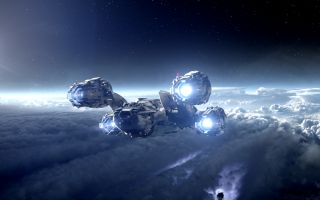 космический корабль летит между космосом и облаками, фильм Прометей
