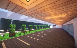 здание Minecraft, деревья, трава, деревянный пол и потолок