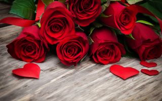 семь красных роз возле сердечек