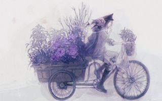 аниме, парень, велосипед, растения