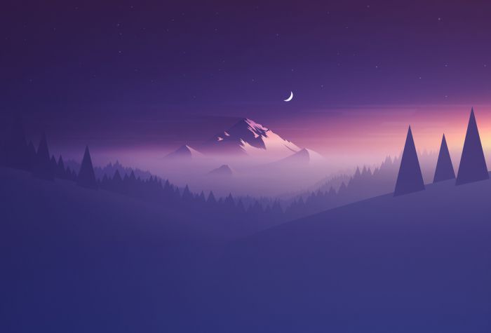Картинка вечер, горы вдалеке среди леса в тумане, минимализм