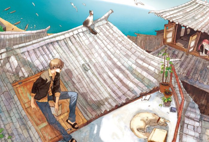 Картинка аниме парень сидит на крыше дома