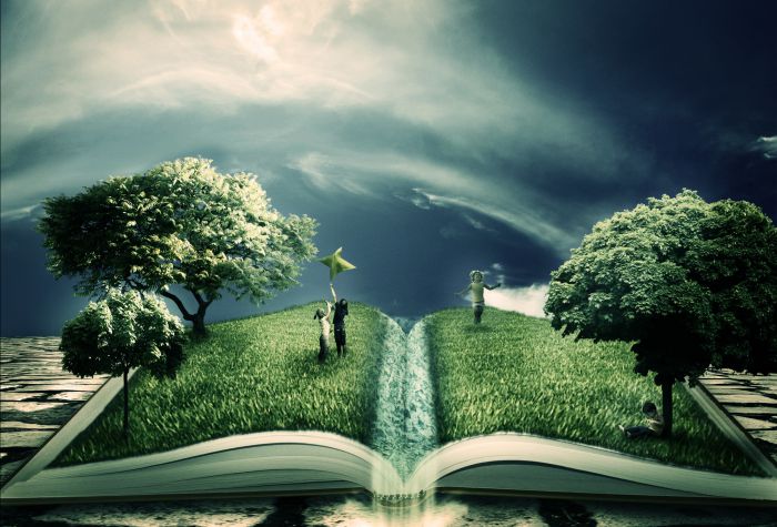 Картинка деревья, трава растут в книге, гуляют дети