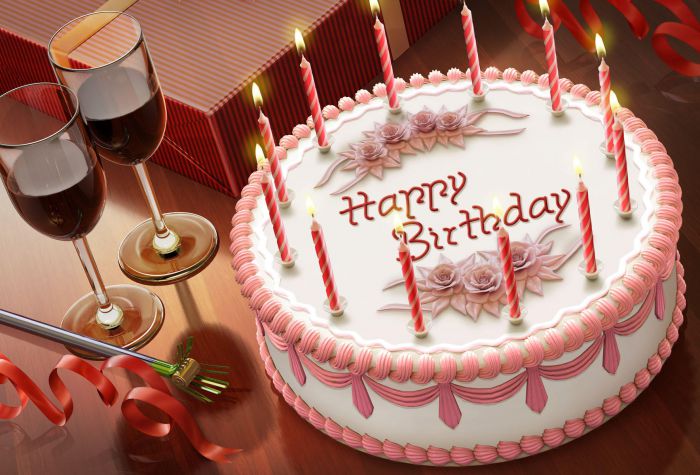 Картинка праздничный торт на день рождения, свечи, бокалы, подарок, Happy Birthday