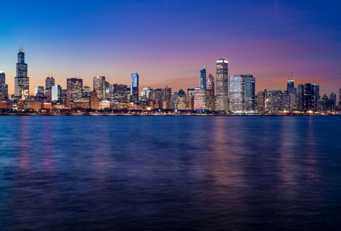 Картинка вечерний город Чикаго, озеро Мичиган, штат Иллинойс, США