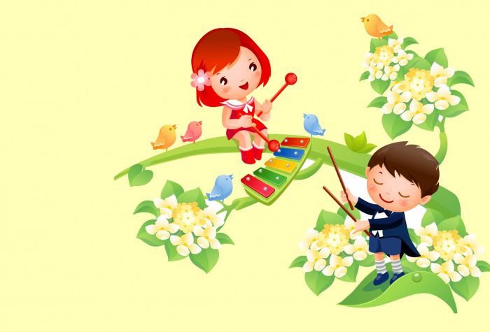 Картинка весна, дети играют музыку, птички, цветы, настроение