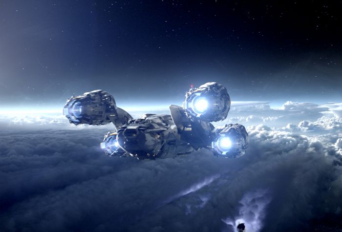 Картинка космический корабль летит между космосом и облаками, фильм Прометей