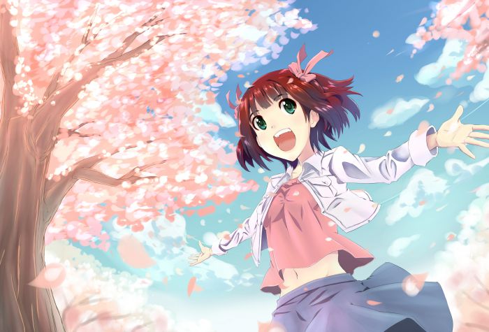 Картинка аниме, девушка Amami Haruka, листья, дерево
