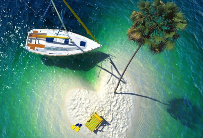 Картинка яхта, лодка возле песчаного островка в форме сердца