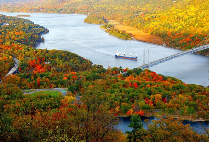 Картинка красивые деревья, ранняя осень, корабль плывет по реке возле моста