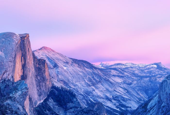 Картинка скалы и горы Йосемити, небо, розовый закат
