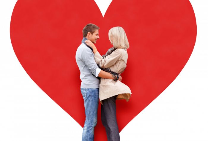 Картинка мужчина и женщина на фоне большого красного сердца