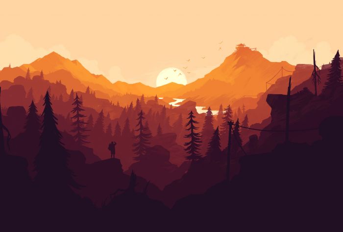 Картинка оранжевый закат, лес, горы, солнце, игра Firewatch