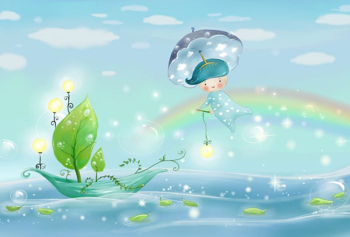 Картинка малыш с зонтиком, волшебство, кораблик, листики, радуга, море