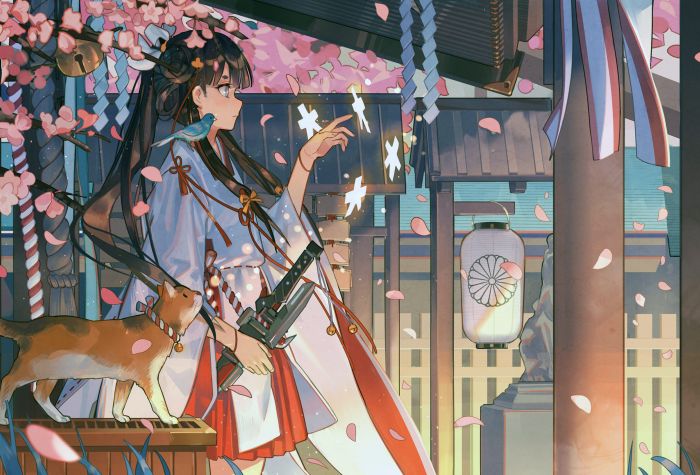 Картинка девушка в кимоно с котом возле сакуры