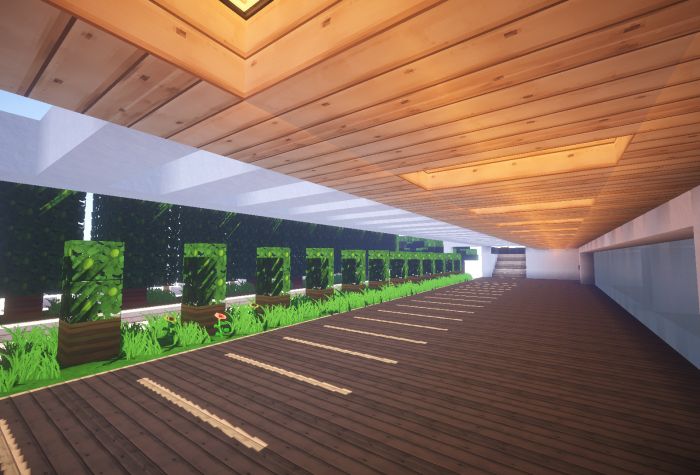 Картинка здание Minecraft, деревья, трава, деревянный пол и потолок