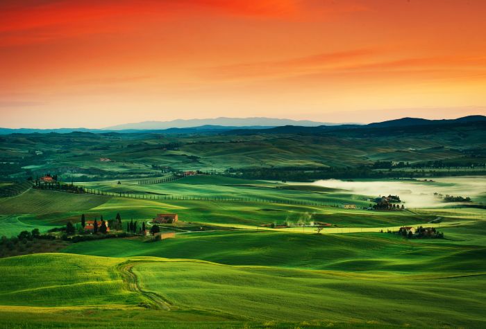 Картинка зеленые холмы, поля, природа, пейзаж на закате солнца