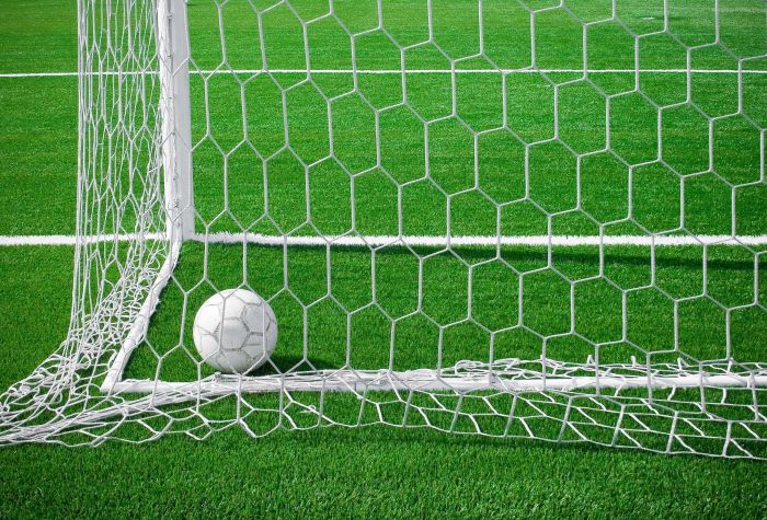 Картинка гол, футбольный мяч в воротах на футбольном поле, зеленая трава, сетка