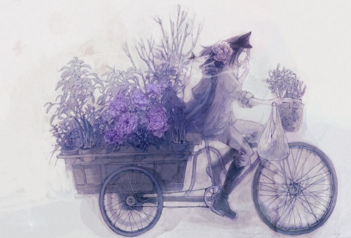Картинка аниме, парень, велосипед, растения