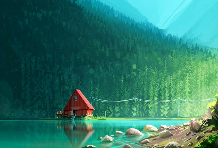 Картинка домик на озере среди леса