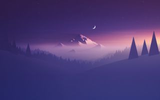 вечер, горы вдалеке среди леса в тумане, минимализм