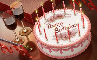 праздничный торт на день рождения, свечи, бокалы, подарок, Happy Birthday