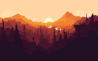 оранжевый закат, лес, горы, солнце, игра Firewatch