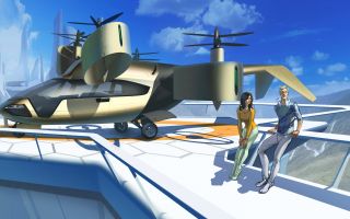 рисунок, будущее, вертолет, мужчина и женщина на крыше