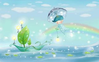 малыш с зонтиком, волшебство, кораблик, листики, радуга, море