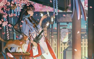 девушка в кимоно с котом возле сакуры